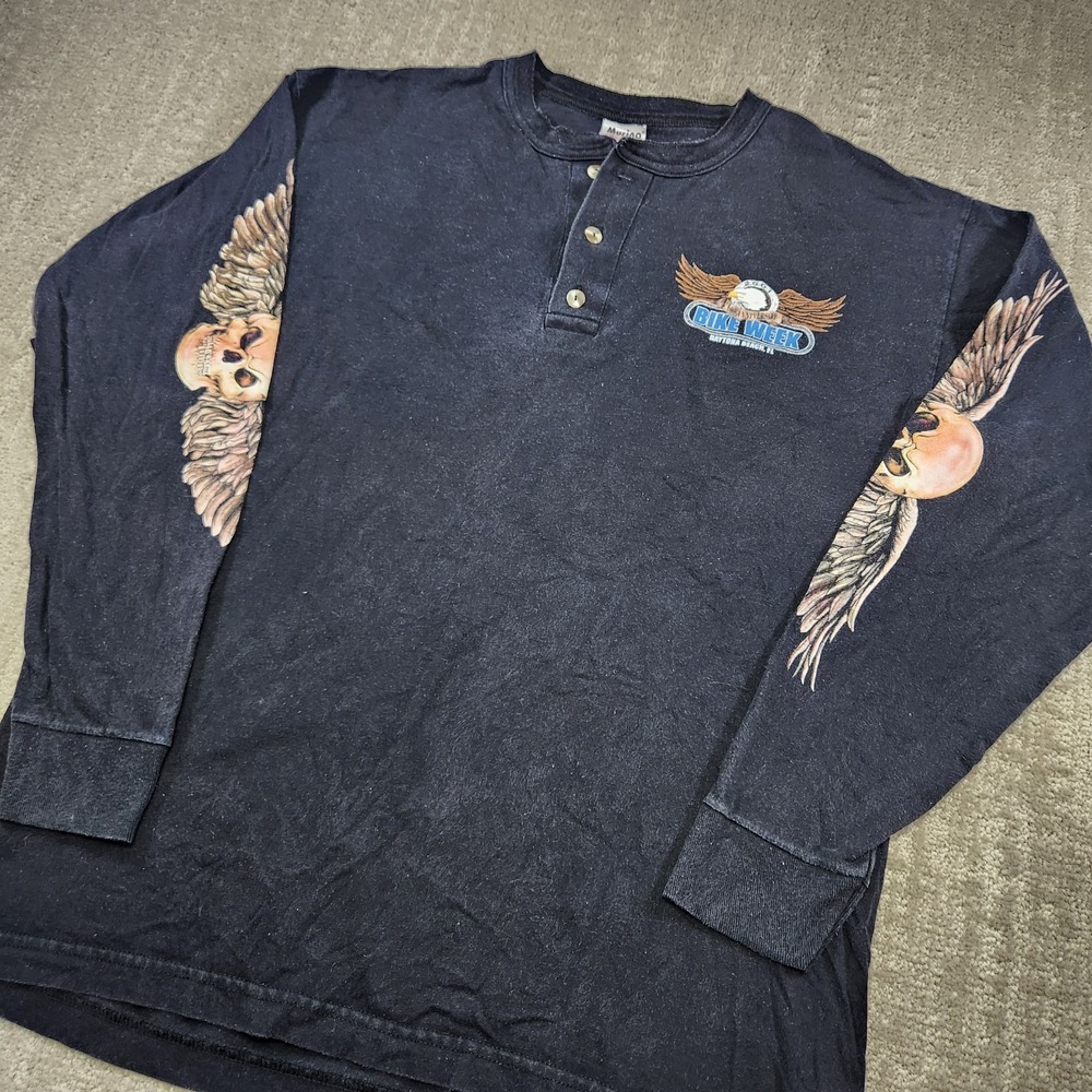 Vintage Bike Week Shirt Men L Black Henely USA Made Skull Y2K Biker Murina Wings